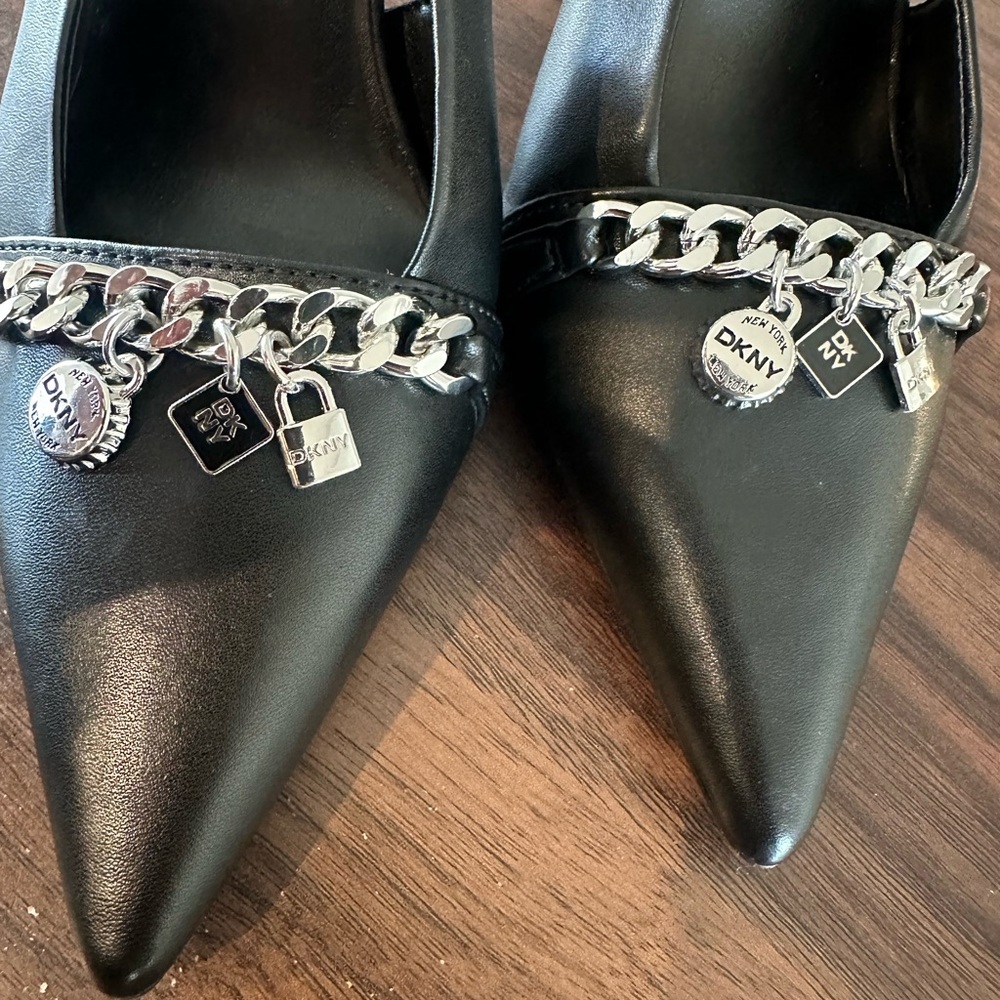 DKNY Black Heels with Silver Chain and Charms